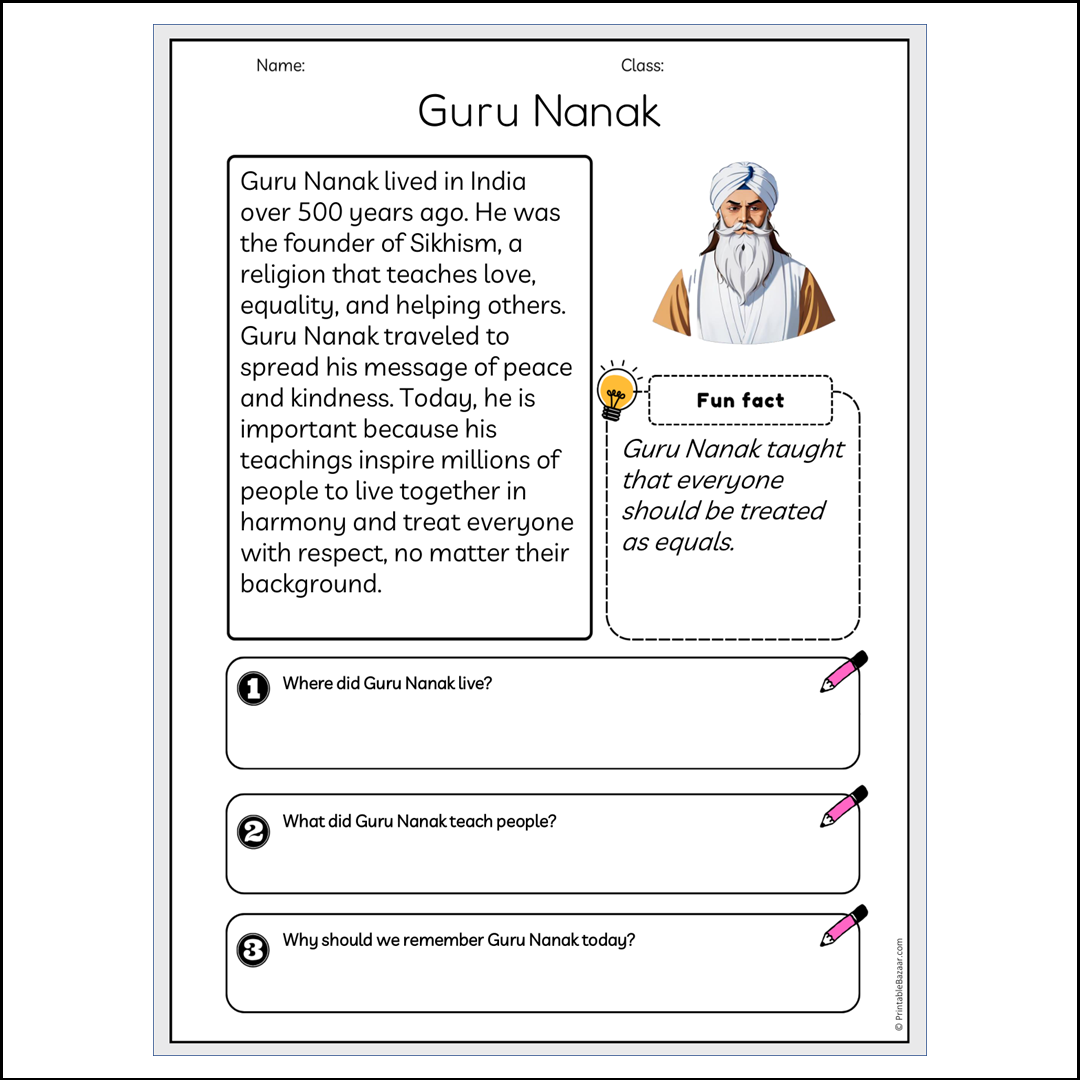 Guru Nanak | Reading Passage Comprehension Questions Writing Facts Worksheet