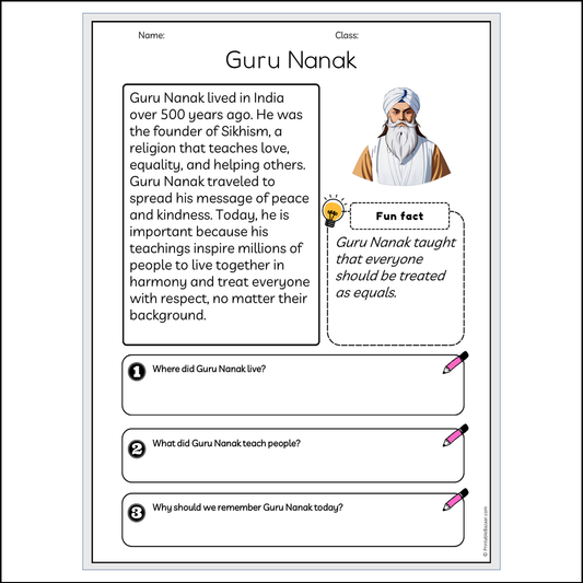 Guru Nanak | Reading Passage Comprehension Questions Writing Facts Worksheet