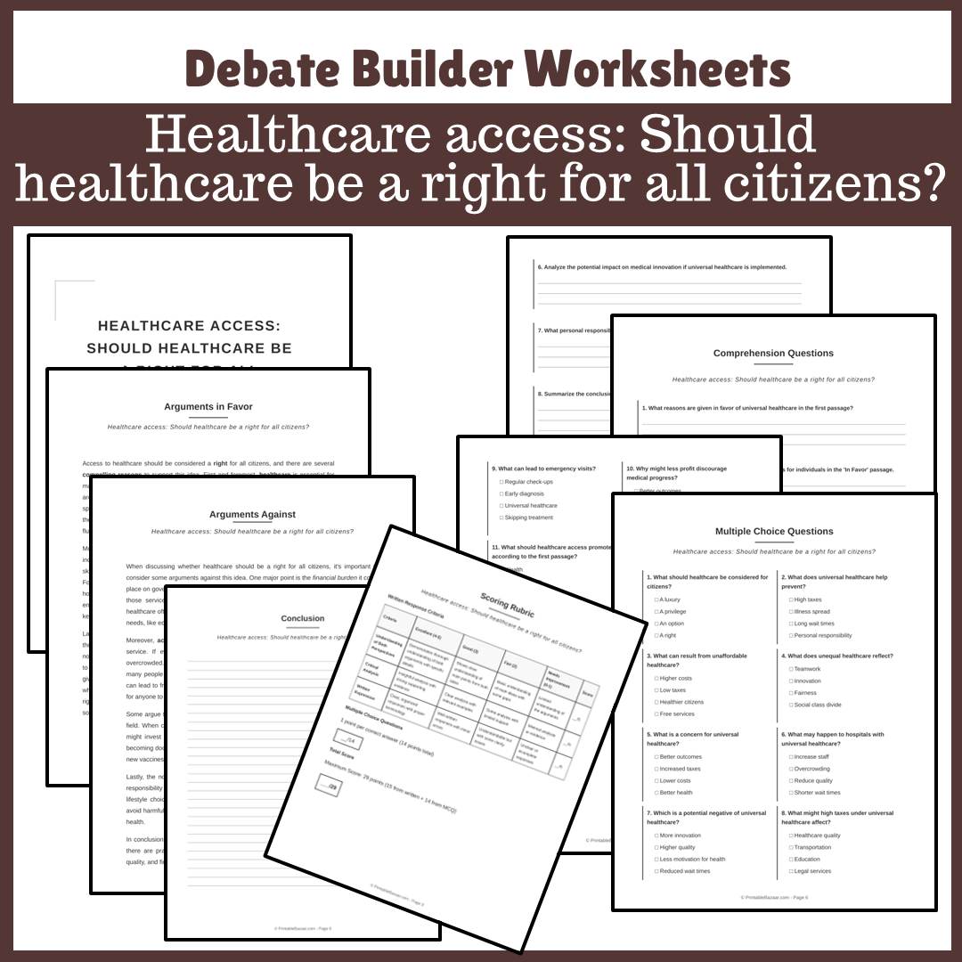 Healthcare access: Should healthcare be a right for all citizens? | Favour and Against Worksheet Printable Activity