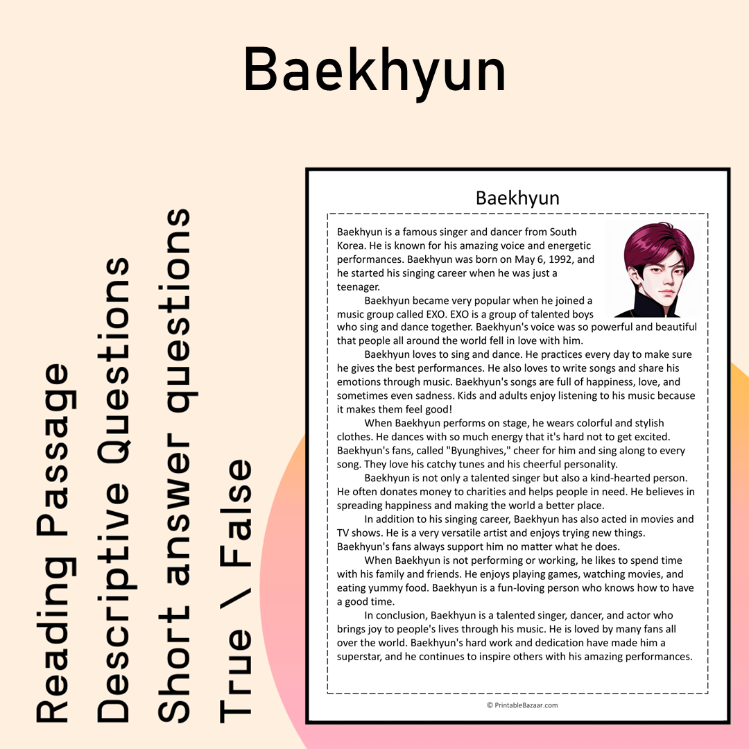 Baekhyun | Reading Comprehension Passage Printable Activity