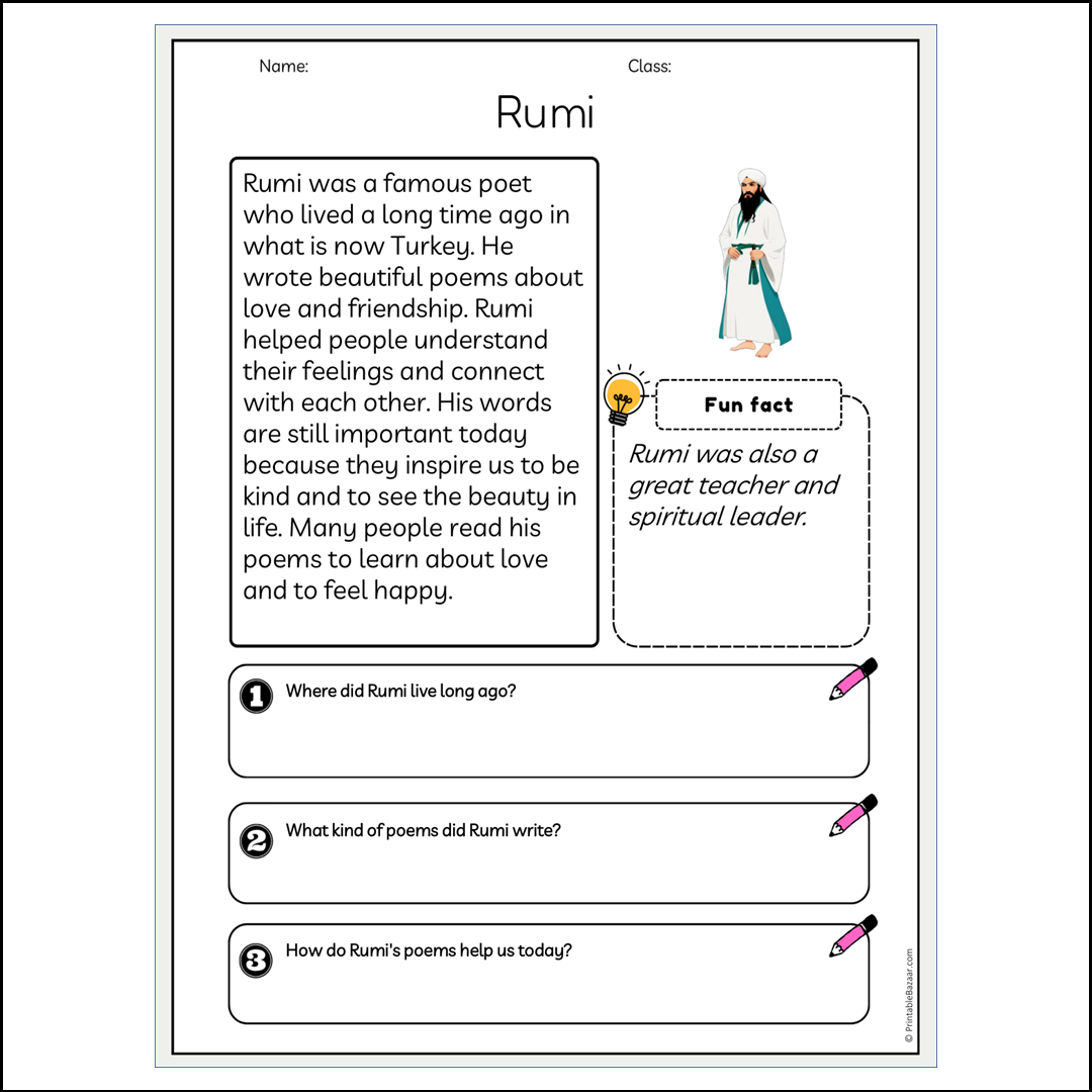 Rumi | Reading Passage Comprehension Questions Writing Facts Worksheet