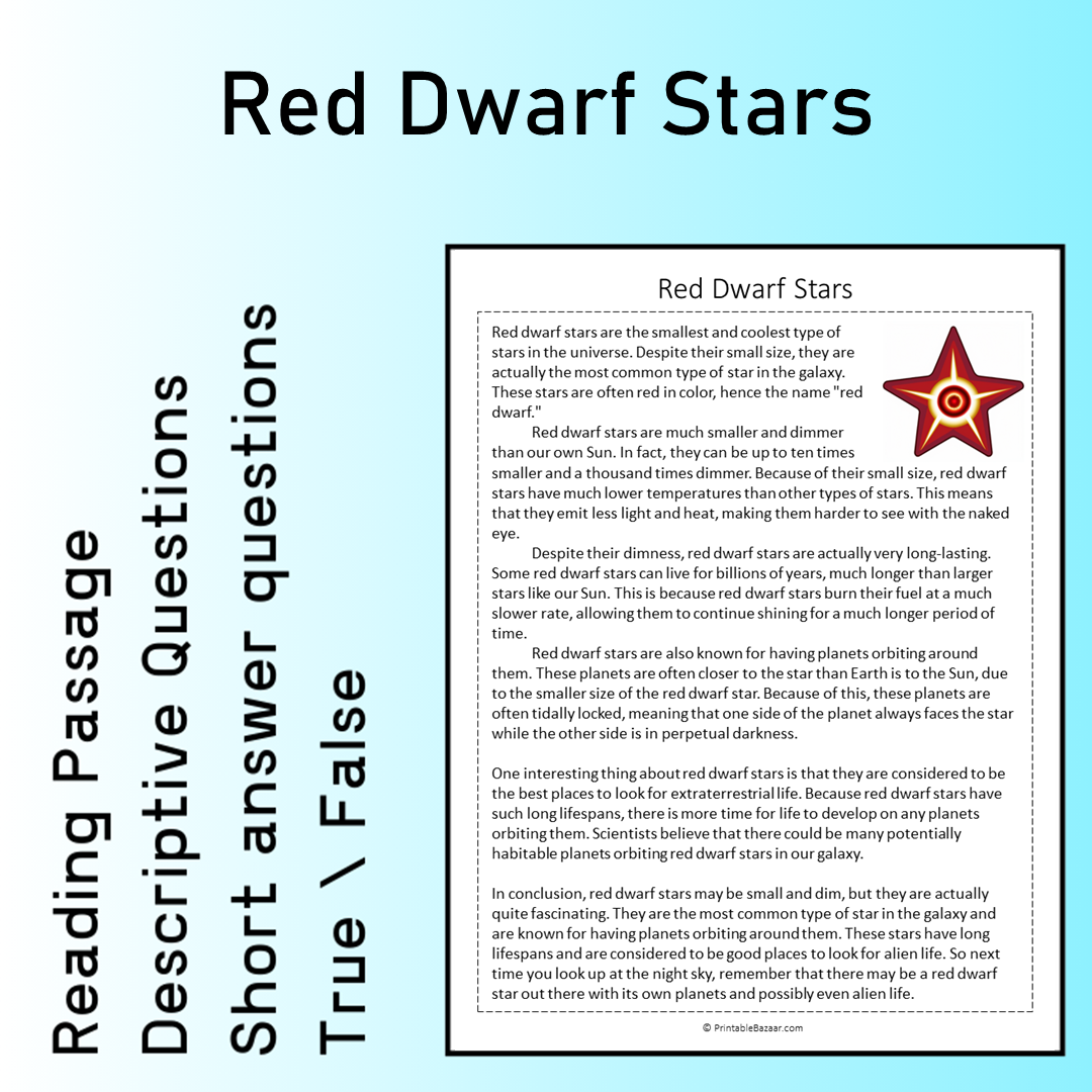 Red Dwarf Stars | Reading Comprehension Passage Printable Worksheet