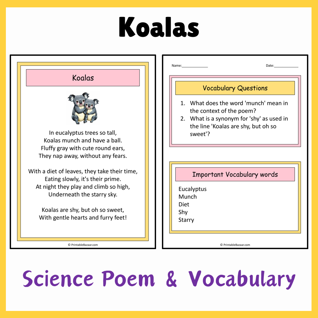 Koalas | Science Poem Reading Comprehension Activity