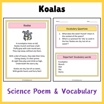 Koalas | Science Poem Reading Comprehension Activity