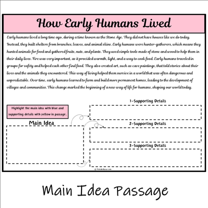 How Early Humans Lived | Main Idea and Supporting Details Reading Passage and Questions