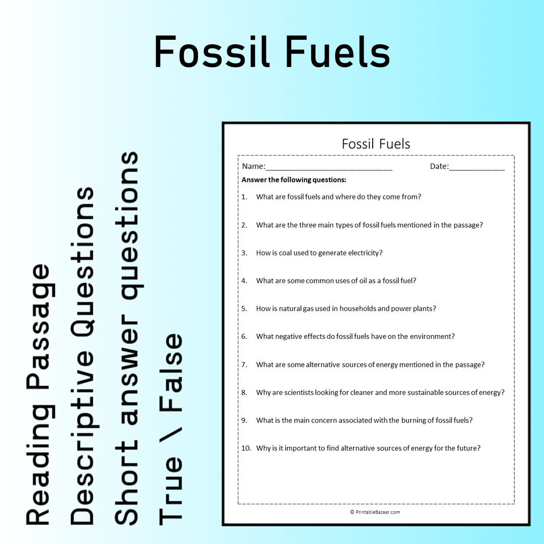 Fossil Fuels | Reading Comprehension Passage Printable Worksheet