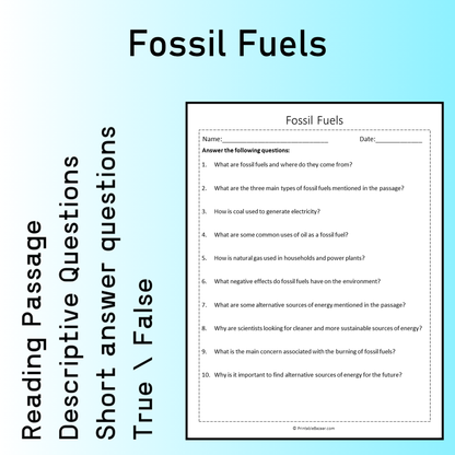 Fossil Fuels | Reading Comprehension Passage Printable Worksheet