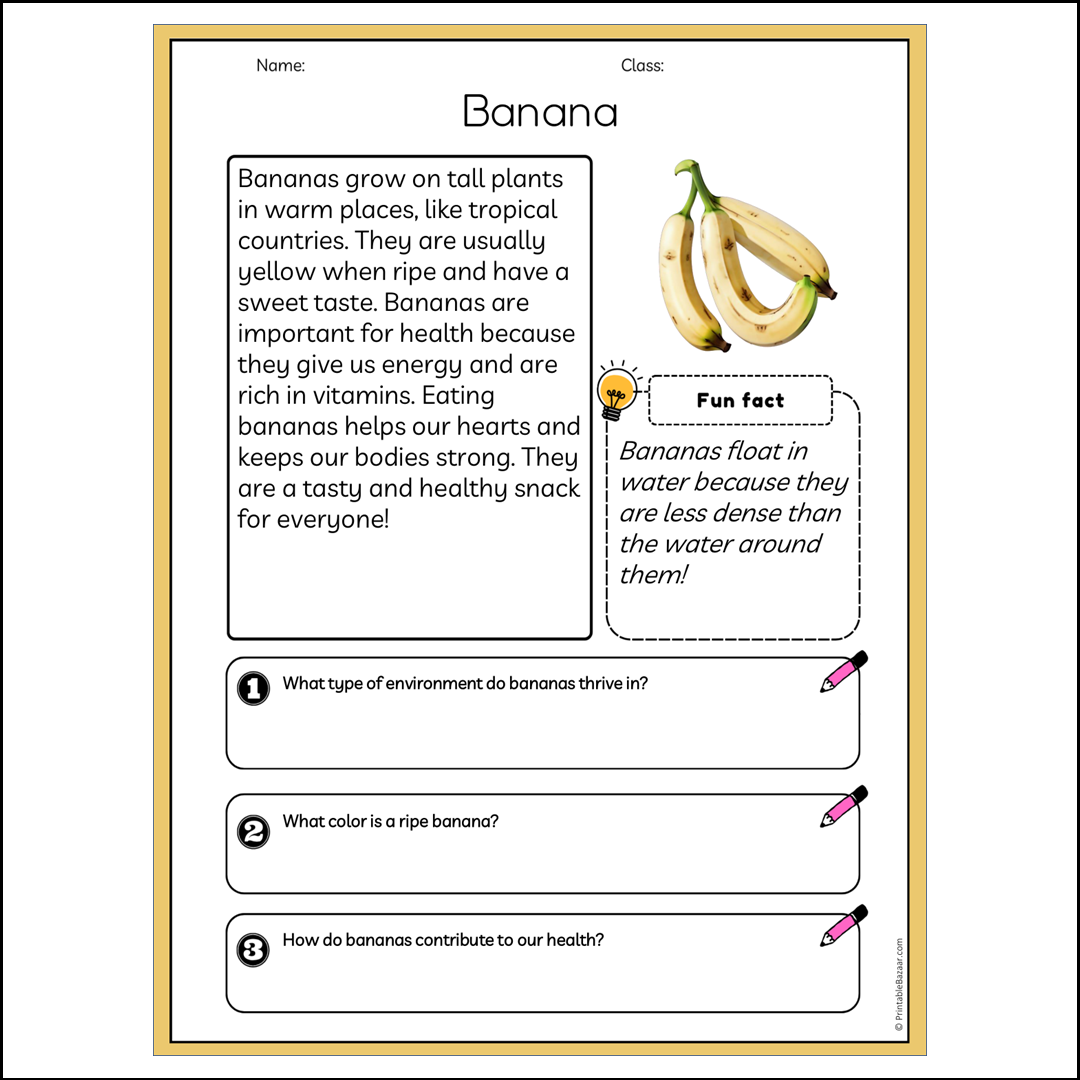 Banana | Reading Passage Comprehension Questions Writing Facts Worksheet