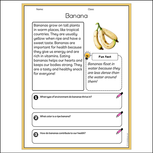 Banana | Reading Passage Comprehension Questions Writing Facts Worksheet