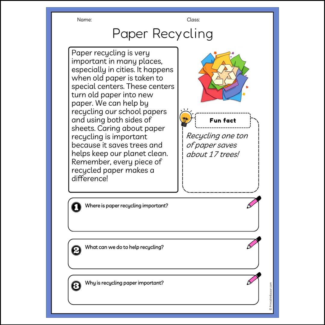 Paper Recycling | Reading Passage Comprehension Questions Writing Facts Worksheet