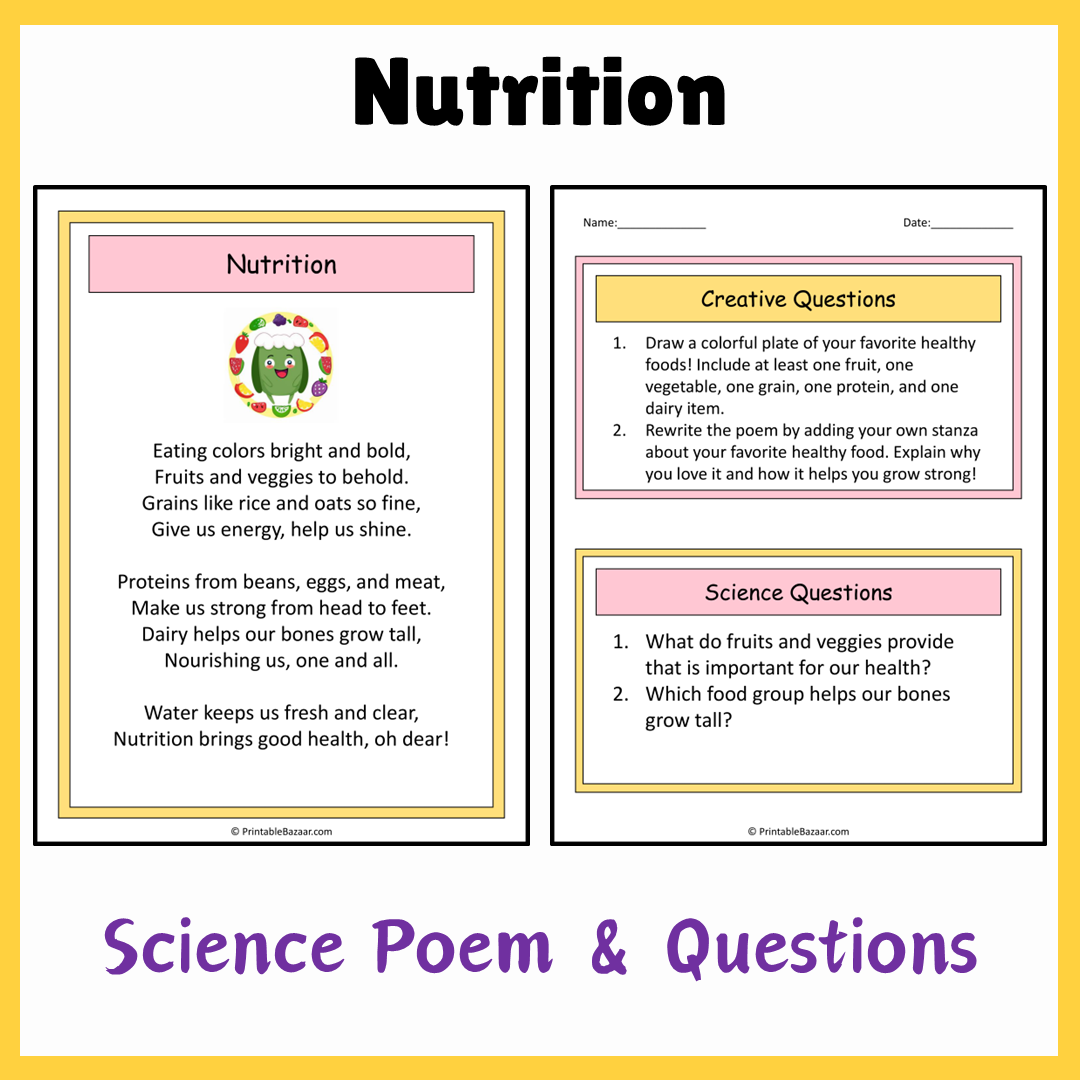 Nutrition | Science Poem Reading Comprehension Activity