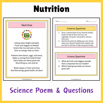 Nutrition | Science Poem Reading Comprehension Activity