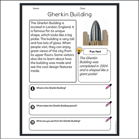 Gherkin Building | Reading Passage Comprehension Questions Writing Facts Worksheet