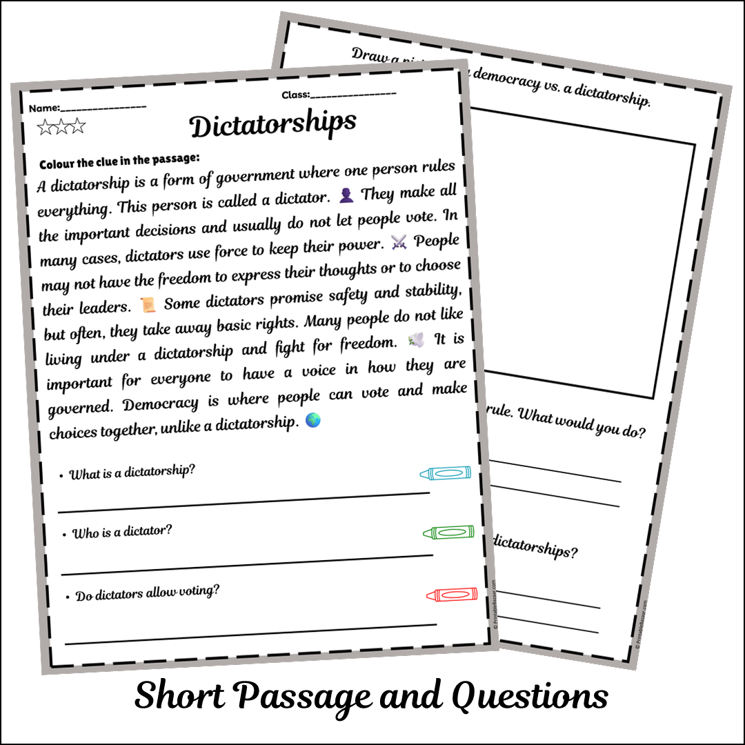 Dictatorships | Short Reading Comprehension Creative Worksheet