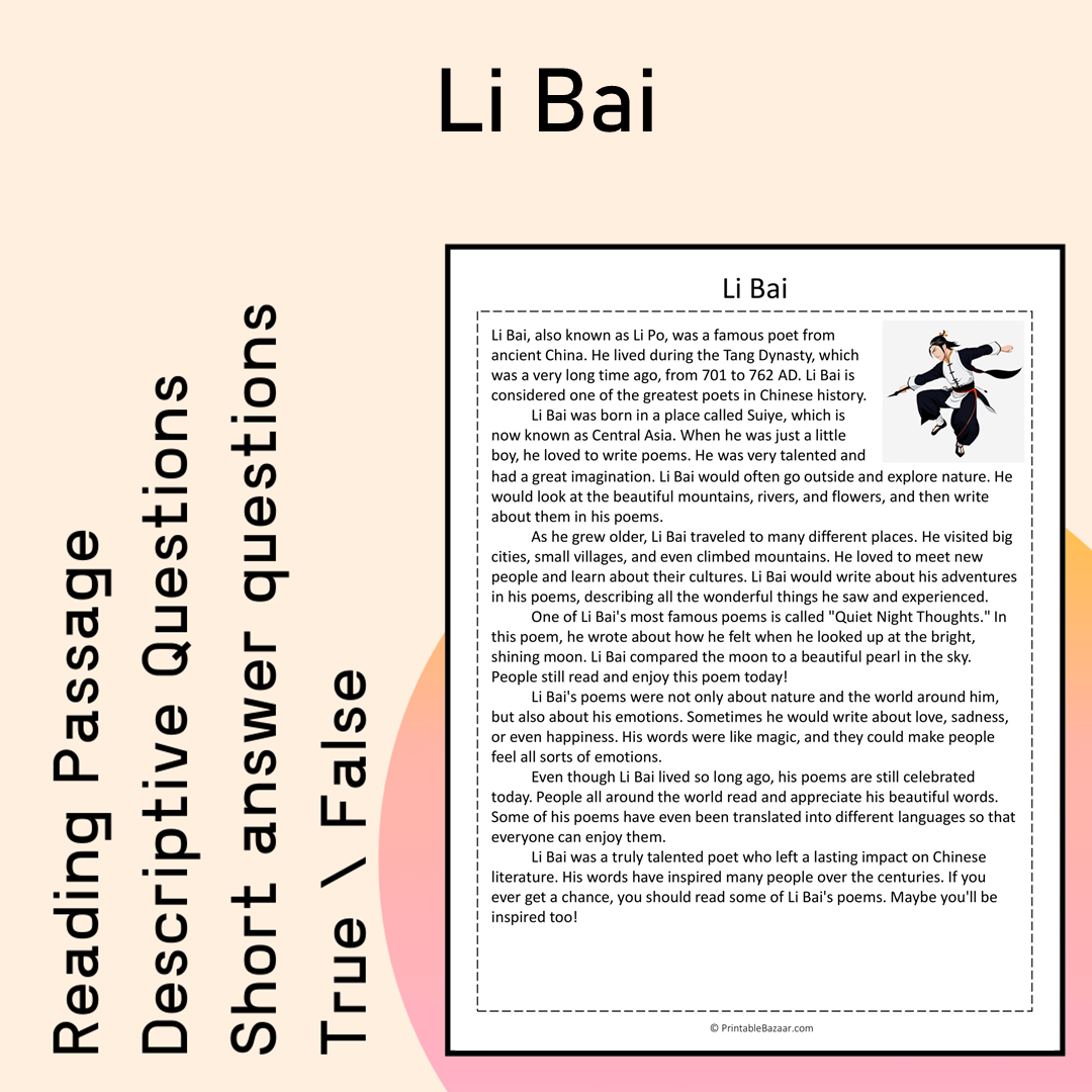 Li Bai | Reading Comprehension Passage Printable Activity