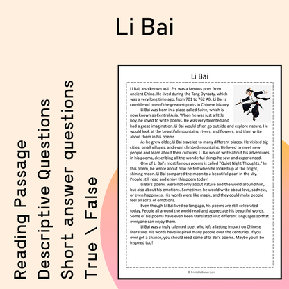 Li Bai | Reading Comprehension Passage Printable Activity