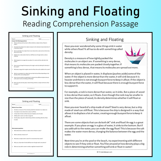 Sinking and Floating | Reading Comprehension Passage Printable Worksheet