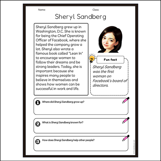 Sheryl Sandberg | Reading Passage Comprehension Questions Writing Facts Worksheet