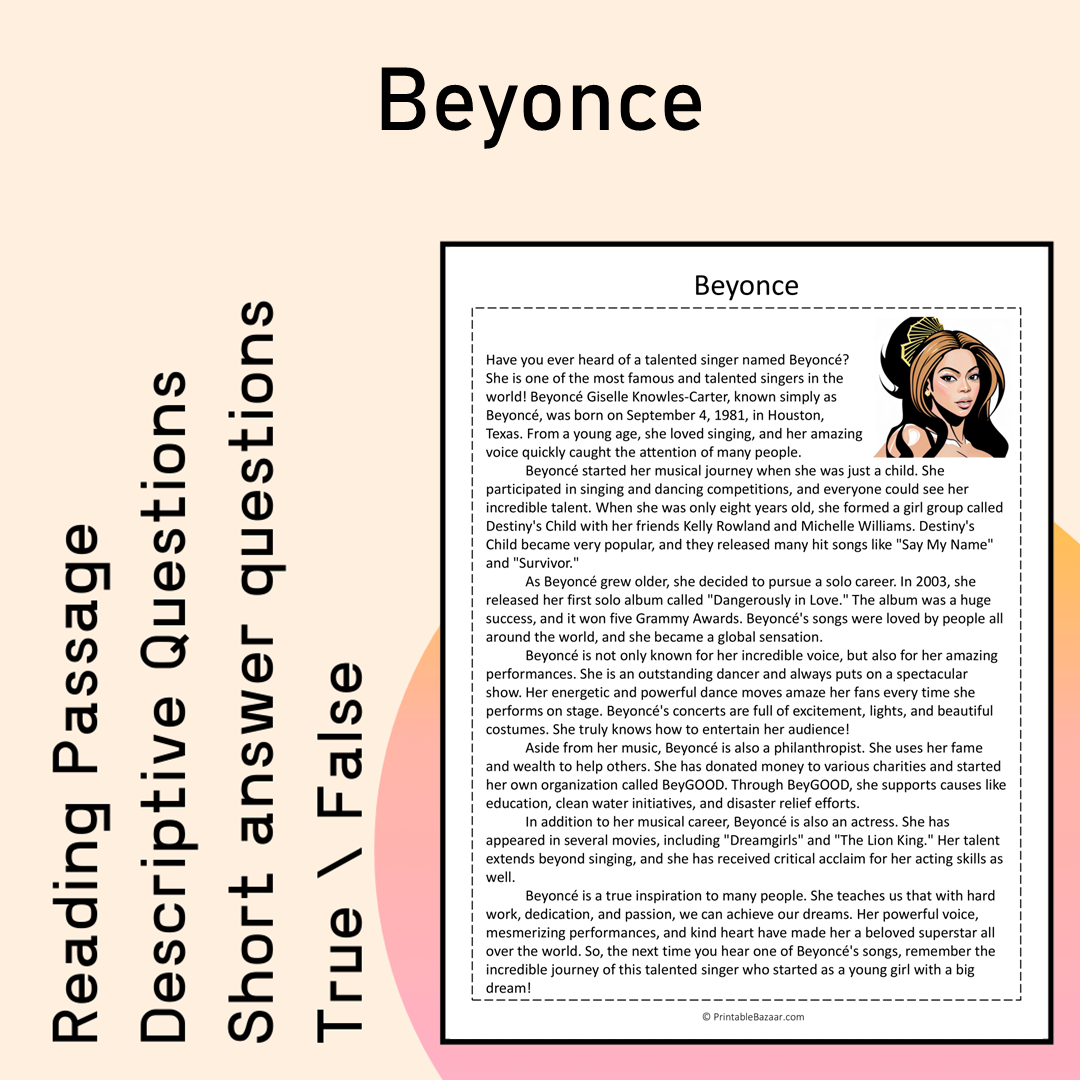Beyonce | Reading Comprehension Passage Printable Activity