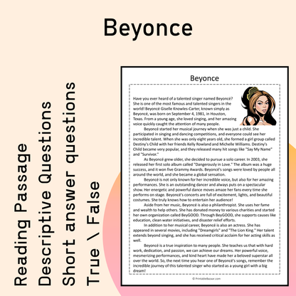 Beyonce | Reading Comprehension Passage Printable Activity