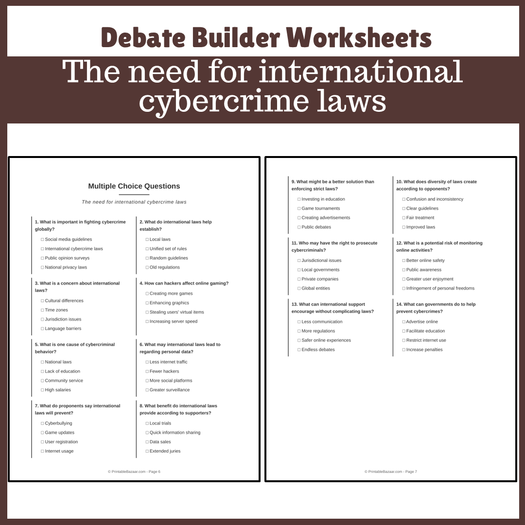 The need for international cybercrime laws | Favour and Against Worksheet Printable Activity