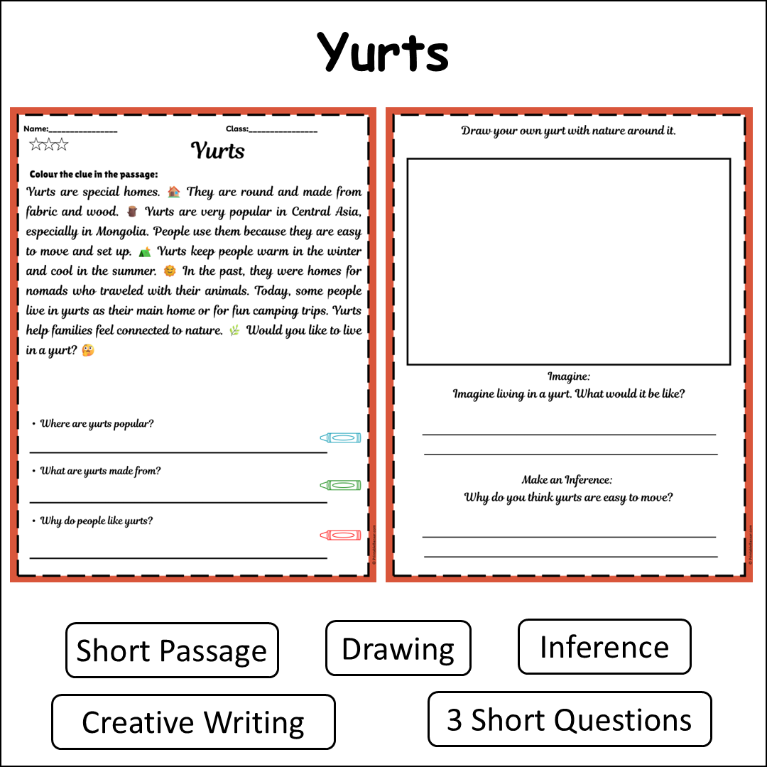 Yurts | Short Reading Comprehension Creative Worksheet