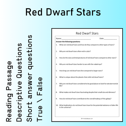 Red Dwarf Stars | Reading Comprehension Passage Printable Worksheet
