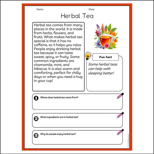 Herbal Tea | Reading Passage Comprehension Questions Writing Facts Worksheet