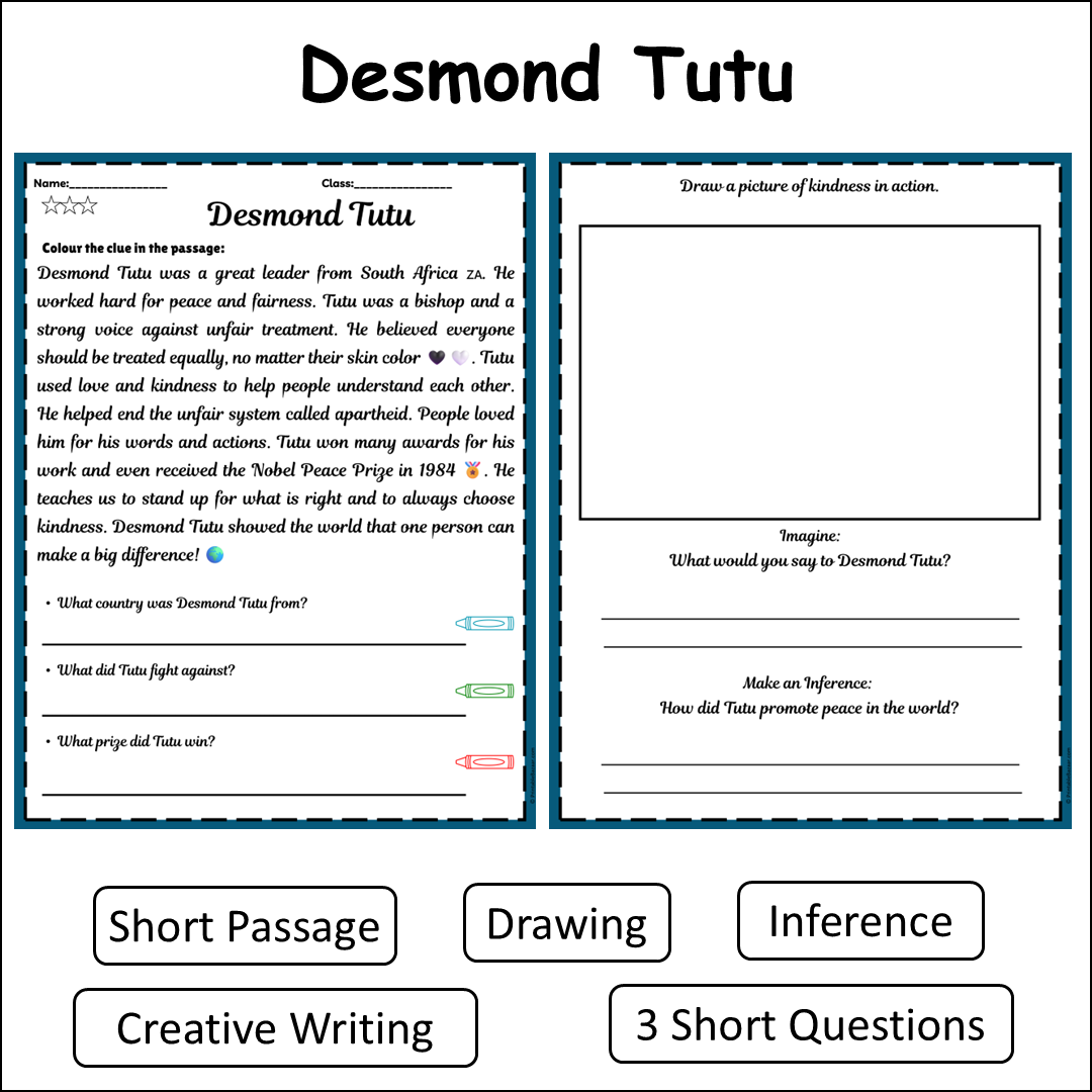 Desmond Tutu | Short Reading Comprehension Creative Worksheet