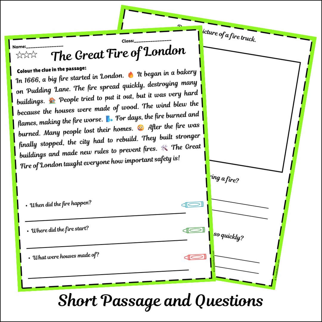 The Great Fire of London | Short Reading Comprehension Creative Worksheet