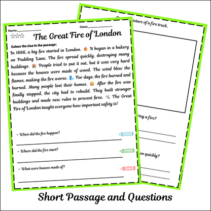 The Great Fire of London | Short Reading Comprehension Creative Worksheet