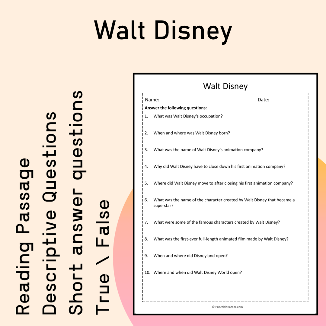 Walt Disney | Reading Comprehension Passage Printable Activity