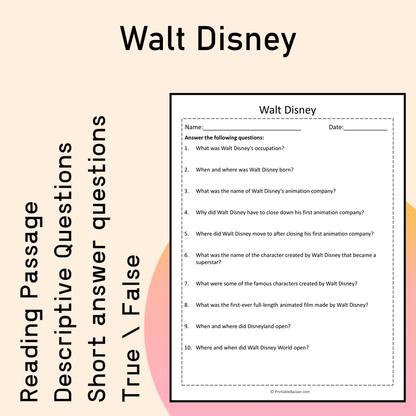 Walt Disney | Reading Comprehension Passage Printable Activity