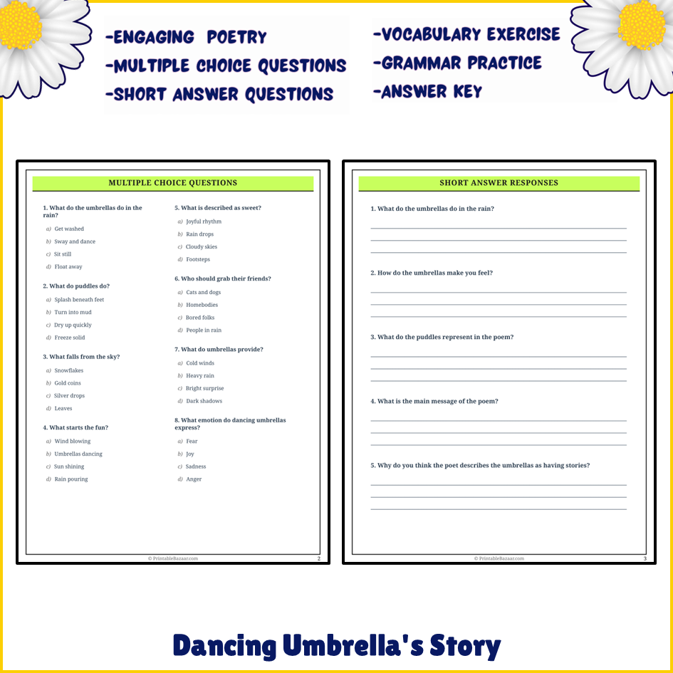 Dancing Umbrella's Story | Poem Grammar Worksheet Printable Activity
