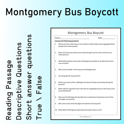 Montgomery Bus Boycott | Reading Comprehension Passage Printable Worksheet