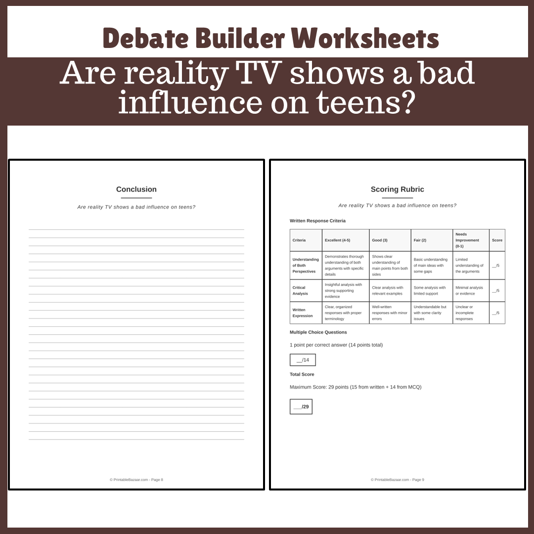 Are reality TV shows a bad influence on teens? | Favour and Against Worksheet Printable Activity