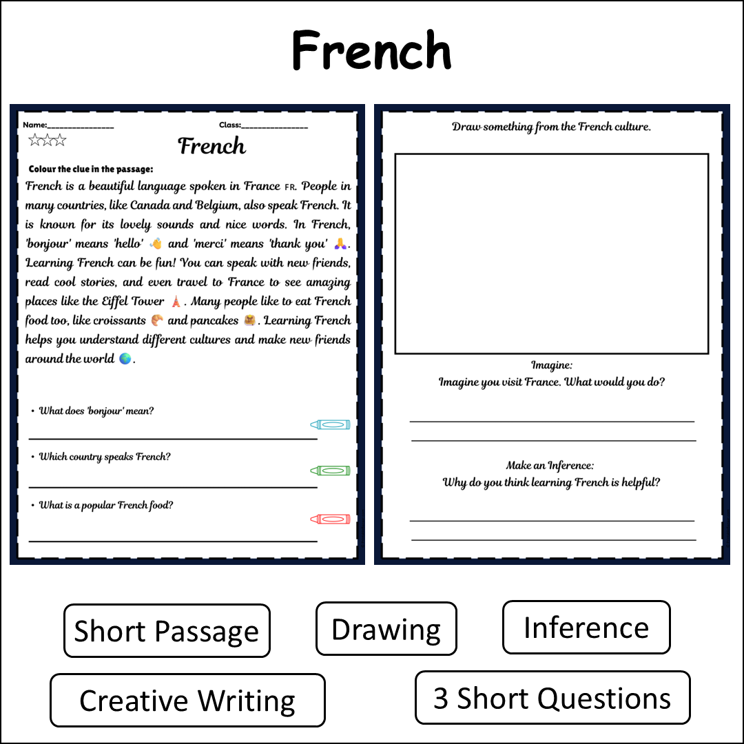 French | Short Reading Comprehension Creative Worksheet