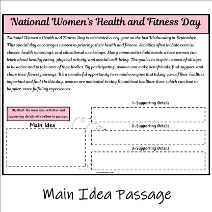 National Women’s Health and Fitness Day | Main Idea and Supporting Details Reading Passage and Questions