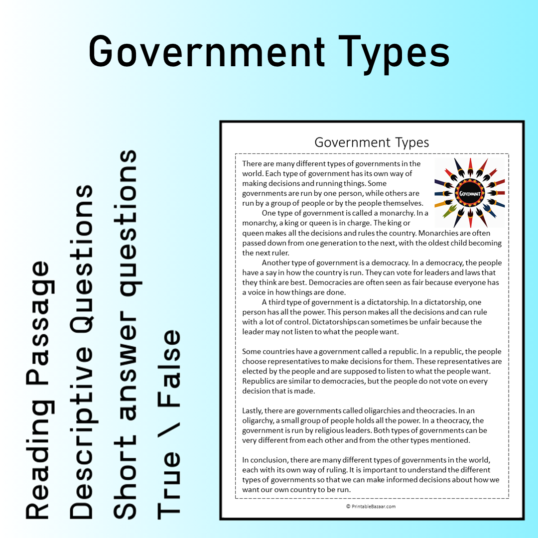 Government Types | Reading Comprehension Passage Printable Worksheet
