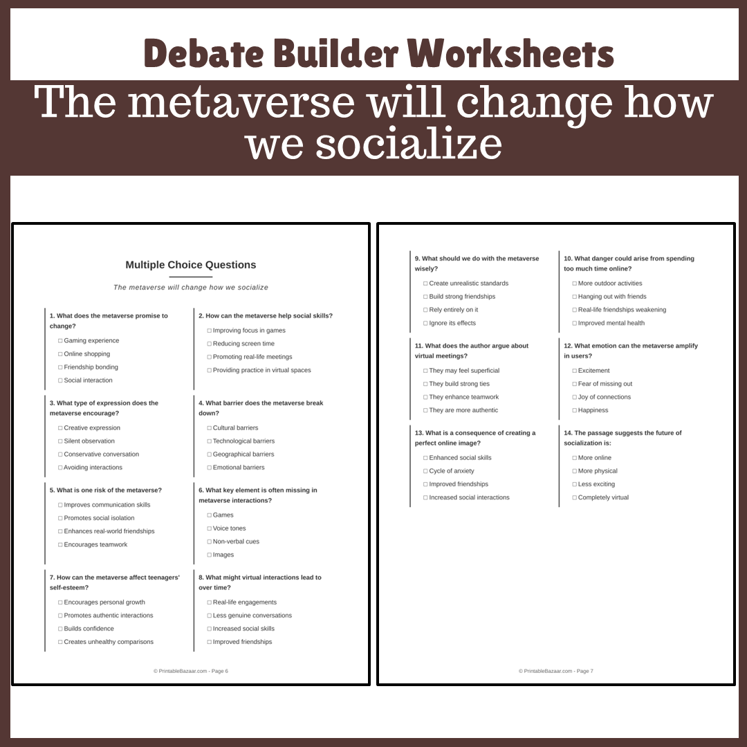 The metaverse will change how we socialize | Favour and Against Worksheet Printable Activity