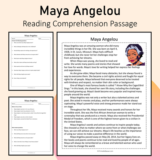 Maya Angelou | Reading Comprehension Passage Printable Activity