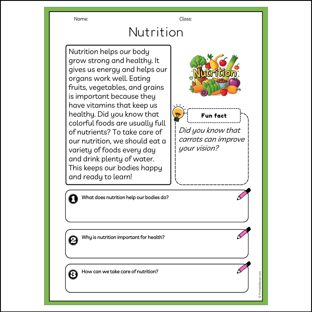 Nutrition | Reading Passage Comprehension Questions Writing Facts Worksheet