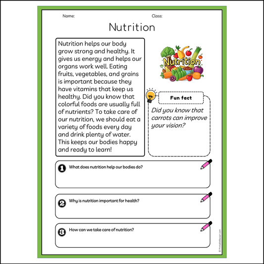 Nutrition | Reading Passage Comprehension Questions Writing Facts Worksheet