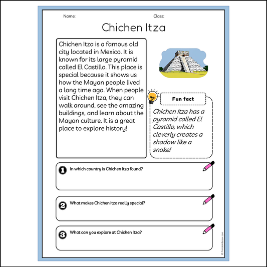 Chichen Itza | Reading Passage Comprehension Questions Writing Facts Worksheet