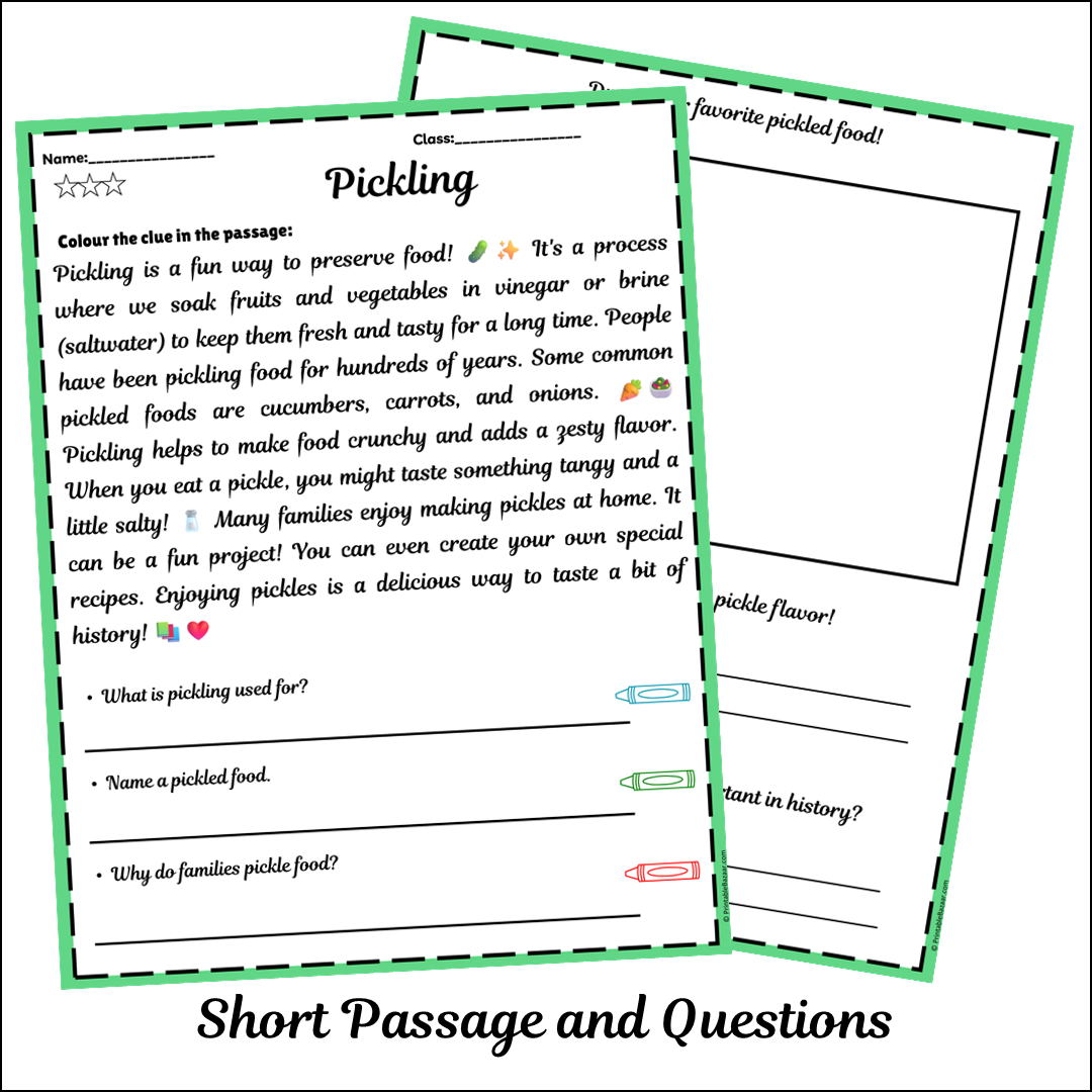 Pickling | Short Reading Comprehension Creative Worksheet