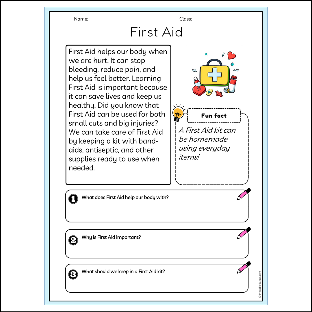 First Aid | Reading Passage Comprehension Questions Writing Facts Worksheet