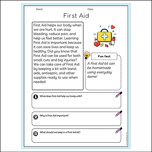 First Aid | Reading Passage Comprehension Questions Writing Facts Worksheet