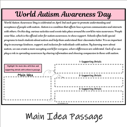 World Autism Awareness Day | Main Idea and Supporting Details Reading Passage and Questions