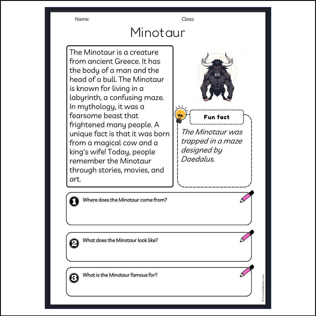 Minotaur | Reading Passage Comprehension Questions Writing Facts Worksheet