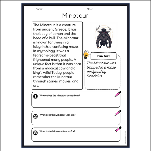 Minotaur | Reading Passage Comprehension Questions Writing Facts Worksheet